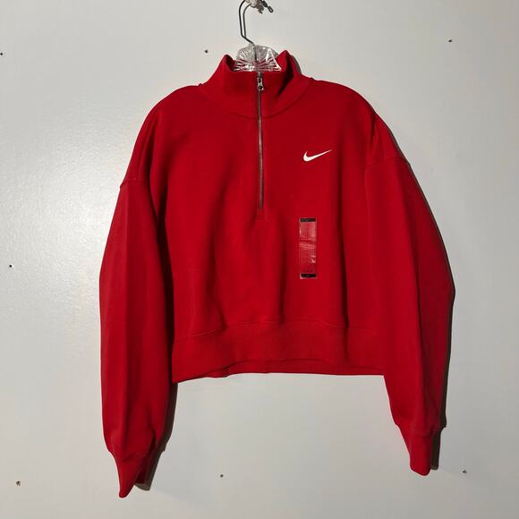 NWT Nike White Swoosh Cropped Quarter Zip Red Collared Sweater Womens Size Large - Picture 1 of 6